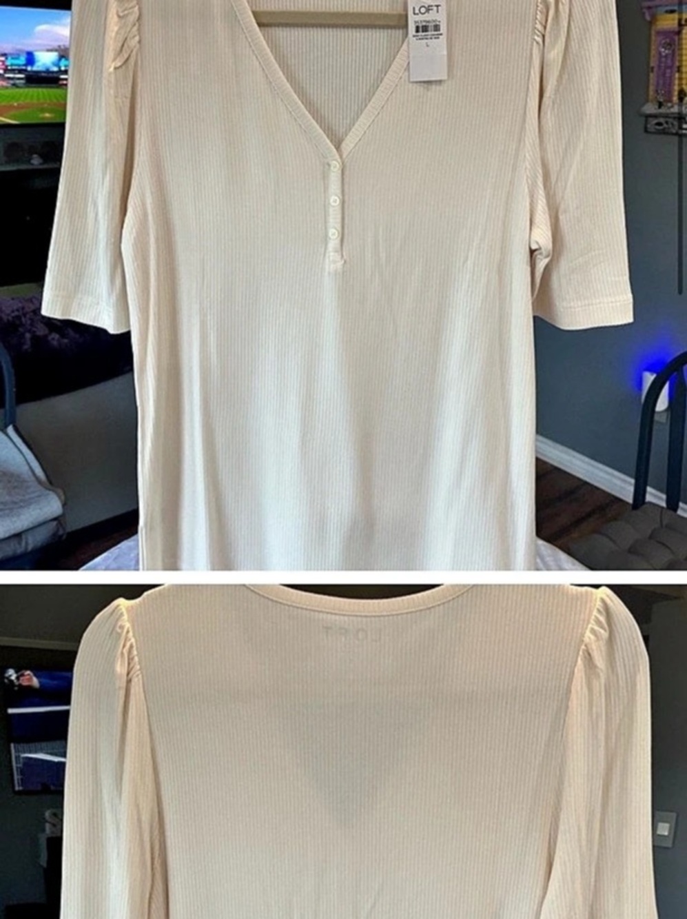 LOFT Ribbed Puff Sleeve Henley Top Cream Size Small